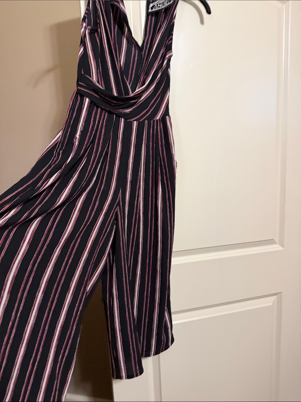 Striped Black & Burgundy Wide-Leg Jumpsuit